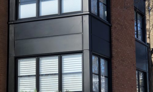 Façade de maison ayant une Extension faite en métal noir