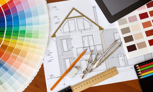 architectural facade drawing, Two color palette guide, pencils and ruler